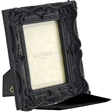 Sixtrees Chelsea 5-253-46 Ornate Vintage Swept Shabby Chic Black 6x4 inch Photo frame - with Microfibre glass cleaning cloth.