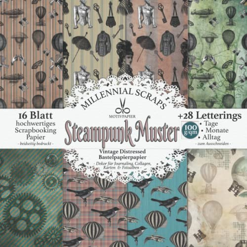 Motivpapier Steampunk Muster Vintage Distressed Bastelpapier: Zum Ausschneiden I Dekor für Journaling, Collagen, Karten & Fotoalben I Mit Letterings I Basteln mit Papier Deko & Inspo