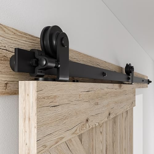 Schiebetürbeschlag 366cm Schiebetüren Schiebetürsystem Komplettset Laufschiene Rollen Set Schwarz für 1 Holztür 183cm Breit, Kleine Rolle in T-Form