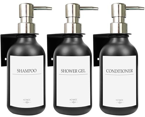 Seifenspender Wandbefestigung, Shampoo Flaschen Zum Befüllen Mit 16 Wasserdichten Etiketten, Spülmittelspender Ohne Bohren, Badezimmer Seifenspender Set, 500ml, 3 Stück, Schwarz