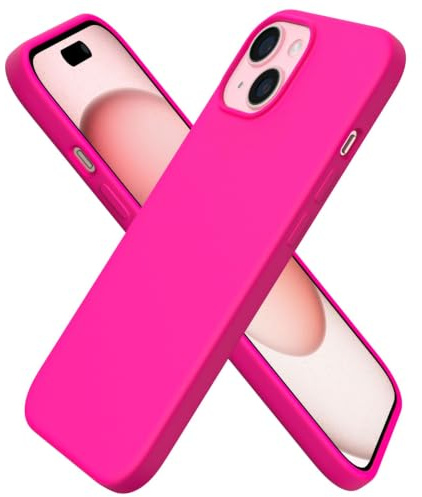 ORNARTO Coque pour iPhone 15 Silicone - Rose Fluo | en Silicone Liquide, Protection Antichoc Complète, Intérieur Doux en Microfibre
