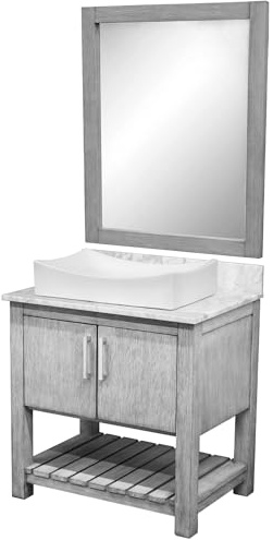 Miseno MV-30SG-NOBV-CAR-1141-MIR 30 Free Standing Single Basin Vanity Set with Cabinet, Marble Vanity Top, Porcelain Vessel Sink and Mirror - Stonewash Grey/Carrara White Top/Chrome Hardware