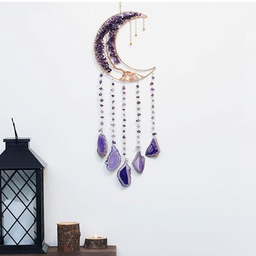 Atrapasueños con cristales de luna, árbol de la vida, piedras preciosas de cristal, chakras, colgantes de pared para ventanas, jardín, decoración del hogar (morado)