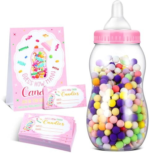 SiliFine Baby-Party-Spiele, 38,1 cm, riesige Kunststoff-Babyflaschen mit Schild, 50 Ratekarten für Geschlechtsoffenbarung, Partygeschenke (Rosa)