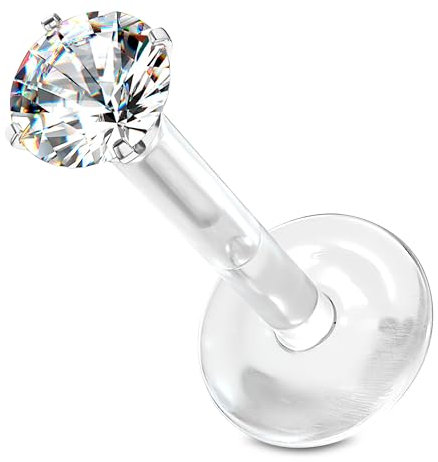 Stachelkleid Labret Chirurgenstahl 316l Bioflex Piercing Zirkonia Push In Allergie Flexibel Biegbar Rund Base Flach Bites Conch Ohrstecker Helix Tragus Kunststoff Plastik 1,2mm Silber/Klar, 6 mm, 3 mm