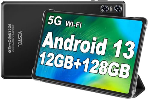 YESTEL Tablet 10 Pollici Android 13 – 12GB RAM + 128GB ROM (Espandibile 1TB), Octa-Core 2.0GHz, 5G Wi-Fi, Bluetooth 5.0, GPS, Dual Fotocamera, con Tastiera e Mouse – Nero