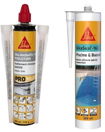 SIKA - Scellement chimique à prise rapide - Fixation d'objets lourds - Int/Ext - Ton pierre - 300ml + Mastic silicone spécial joint pour piscine - Resistant au chlore - Blanc - 300ml