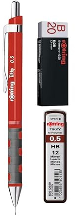 rOtring Tikky Druckbleistift, roter Schaft, + 12 Nachfüllminen HB 0,5 mm, B20 Rapid-Eraser