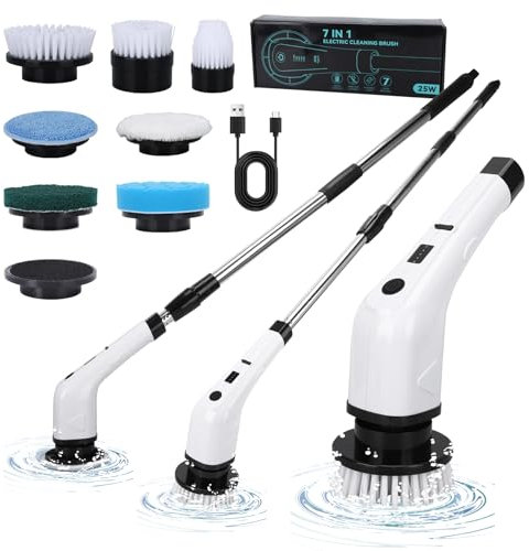 Brosse de nettoyage électrique, brosse rotative électrique multifonctionnelle, brosse de nettoyage de salle de bain, sans fil, avec poignée réglable et brosse à plaque de sol à 9 têtes, voiture(Blanc)
