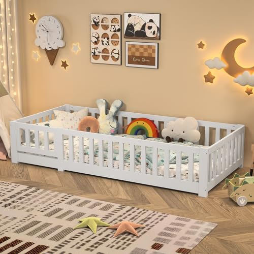 DIYHOM Kinderbett Bodenbett 90x200 cm mit Lattenrost, Holzbett Bettrahmen mit Zaun und Tür, Montessori Bett mit Rausfallschutz, für Junge und Mädchen, Weiß