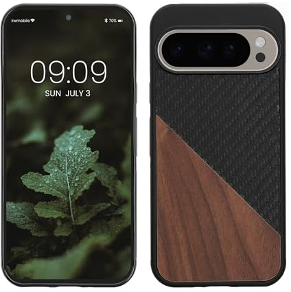 kwmobile Coque Compatible avec Google Pixel 9 / Pixel 9 Pro - Housse en Bois et Fibre Carbone Brun foncé-Noir