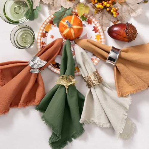 DeZerlor Confezione da 12 tovaglioli in cotone e lino colorati con frange autunnali, set di 12 tovaglioli bohémien fatti a mano, per matrimoni, Ringraziamento, tavolo da pranzo, 43 x 43 cm