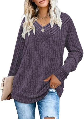 Famulily Casual Ladies V Neck Long Sleeve Baggy Jumpers Tunic Sweater Tops (L, Purple)