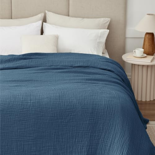 Kozyhvn Decke aus 100 % Baumwoll-Musselin, Twin XL, 167,6 x 228,6 cm, 6 Schichten, atmungsaktiv und leicht, Twin-Decke für das Bett, weiche Boho-Tagesdecke, Gaze-Bettwäsche für alle Jahreszeiten, Blau