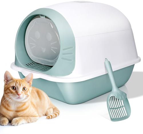 Pawchop Cat Litter Tray, Cat Litter Box with Anti-Spillage Lid, Enclosed Cats Litters Toilet with Charcoal Filter Odor Control, Extra Deep Hooded Litters Tray for Kittens - White and Green