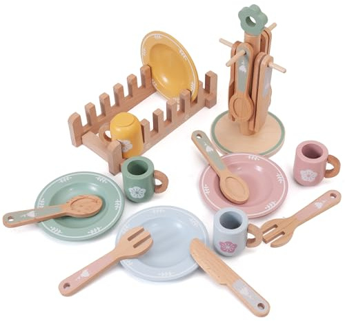 Donmills 22pcs Pretend Play Kitchen Accessories Wooden Tea Set for Toddlers | Role Play Cups and Plates for Kids Toy Kitchen, Montessori Toys Food Tableware Playset Gift for Girls and Boys