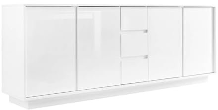 LYSIANE - Buffet 4 Portes 3 Tiroirs Finition Blanc Laqué Brillant Weiss