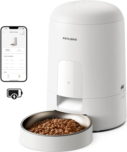 PETLIBRO Automatic Cat Feeder, Battery Powered, App Control, 2L White | Cordless Feeding, Rechargeable Battery, Compact Design, App Scheduling, 2.4GHz WiFi, Low Food & Battery Alerts