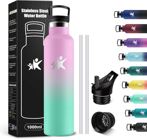 KollyKolla Botella Agua Acero Inoxidable 1L, Botella Termica con Pajita y Filtro, Reutilizable, Cantimplora sin BPA, Prueba de Fugas, Termo para Senderismo, Adultos, Escuela, Deporte, Gimnasio