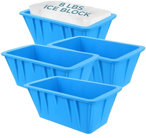 (4 Pack) Ice Block Form Makes 32 Lbs. Ice Cube 10 x 5 x 5 Large Ice Block Maker, Ice Bath Chiller, Cold Pod, Plunge Tub Or Cooler, Reusable Food Grade Silicone, Steel Reinforced Rim