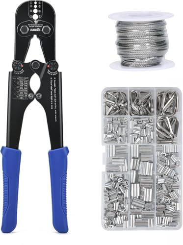 iCrimp Wire Rope Crimping Tool Kit with Built-in Cutter, 15m Stainless Steel Cable, 330 Aluminum Sleeves, 45 Thimbles, for 1.2–3.5mm Swaging, Ideal for Cable Railing, Decking, Fencing