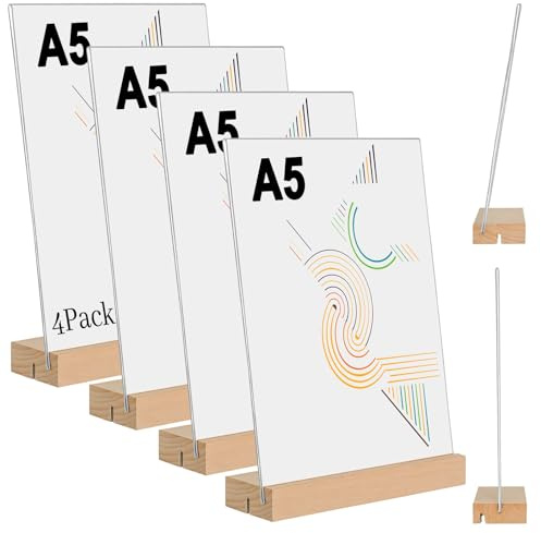 Tischaufsteller A5, Acryl Aufsteller mit Holzfuß (A, 4 Stück, 14,8 x 21cm) | Doppelseitiger Displayständer, für Preisschilder & Menükarten, für Restaurants, Cafés, Büros