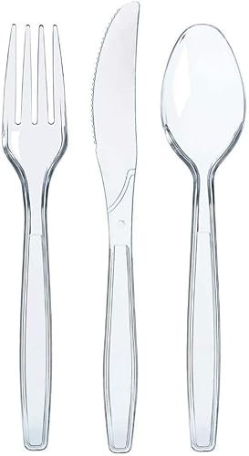 eMKay® - Re-usable BPA Free Clear Cutlery Set 300 Pack - Heavy Duty Forks, Spoons & Knives - Party Cutlery