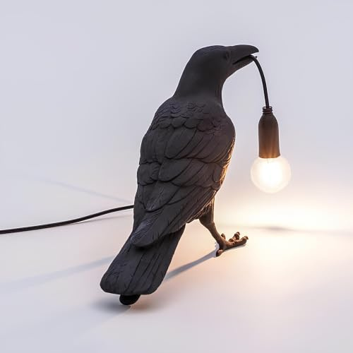 Crow Raven Bird Desk Lamp, Black Resin Table Light, E27 Base with Bulb