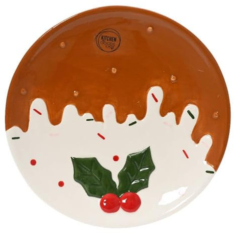 Piatto Piano Decorativo Natalizio con Design Pudding Glassato e Agrifoglio, Ideale per Servire Dolci, Biscotti e Antipasti Durante le Feste 25cm - Varzi dal 1956