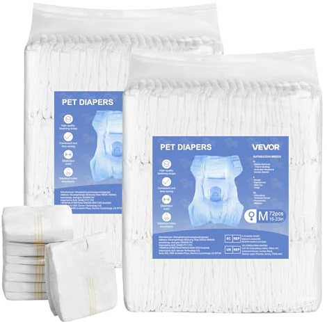 VEVOR Pannolini Monouso per Cani, Super Assorbenti per Cani Femmine, Pannolini a Prova di Perdite a 360° con Indicatore di Umidità per Addestramento, Taglia M, 144 Pezzi, 2 Confezioni da 72