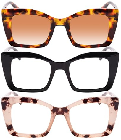 QXEYEGLAS 3er-Pack Übergröße Oprah Lesebrillen Damen mit Lesesonnenbrille, Stilvolle Gross Anti Blaulicht Computerleser, Quadratische Großer Rahmen Lesebrille mit UV400-Schutz