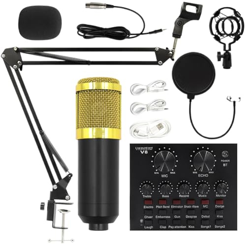 Kondensatormikrofonset – podcast-kit, ljudmixer | professionellt mikrofonpaket med stativ, justerbar LED-belysning, ljudgränssnitt, komplett inspelningspaket för sjungande spel Onliine-program