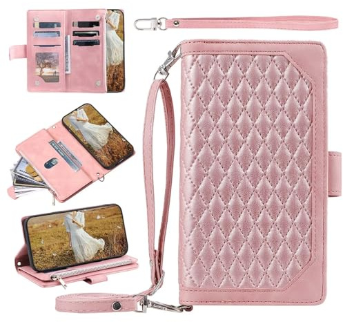 Cover Compatibile Con iPhone 13 mini con Cordino,Flip Portafoglio Custodia in pelle,[9 Porta Carte][Magnetico],Custodia Libro Cover con Laccio Antiurto con Necklace,rosa