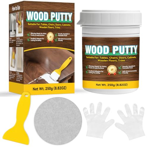 Masilla Para Madera Blanca, Kit Todo en Uno Masilla Reparadora Madera Para Muebles y Suelos, 250g Masilla Madera – Pintable, Lijable y Secado Rápido Para Reparar Grietas, Agujeros en Madera