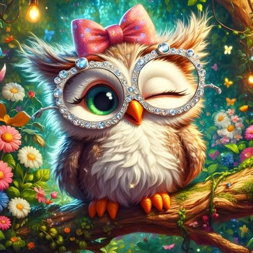 GDYEEH Augenzwinkern Owl Diamond Painting Kits Erwachsene, 5D Baby-Eule Diamant Kunst Bilder Anfänger, DIY Runder Vollbohrer Blumen Diamanten Malerei Stickerei Geschenke Home Wand Dekor 30x30 cm