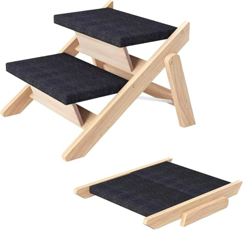 Holz-Hundetreppe & Rampe 2-in-1, Klappbar und Tragbar für Kleine und Mittelgroße Hunde sowie Katzen,rutschfeste Tierleiter für Hohe Betten, Sofas und Autos, Bis zu 100kg (Schwarz, 46 * 33 * 40CM, 2)