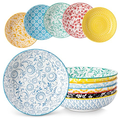 vancasso 8.5 Pasta Bowls Set of 6, 40 oz Porcelain Shallow Salad Bowls, Serving Bowls Large Kitchen Bowl Plates Pasta Dishes Plates, Colorful Floral Design, Microwave Safe, Series SELENE