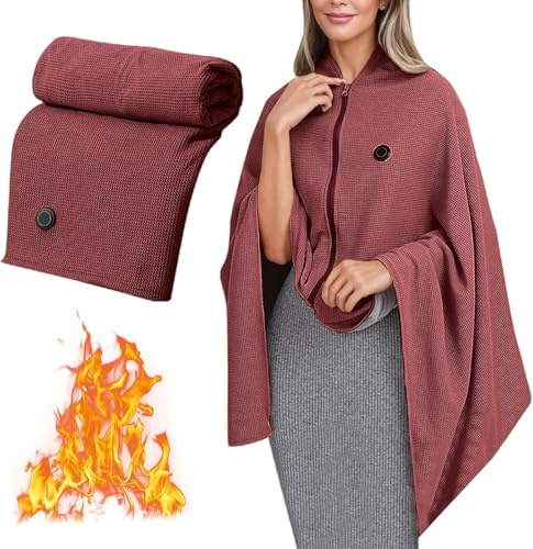 Electric Heating Shawl with Graphene 3 Heat Levels 8 Heating Zones USB Powered Portable Blanket Washable Soft Zipper for Car Outdoor Camping Office Winter Warm​​ (Red)