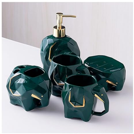 Bathroom Sets Dispensador de jabón con Divertidos Accesorios baño cerámica: Incluye Plato y Vaso for cepillos Dientes Coastal Decor(Dark Green)
