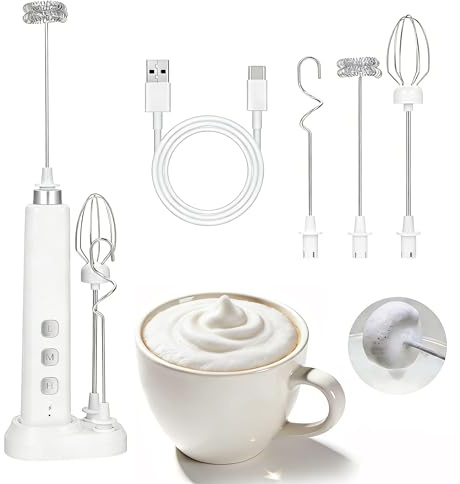 Mr.Van Handheld Milk Frother, Multifunction USB C Rechargeable Electric Egg Beater, Stainless Steel Whisk with Stand for Cappuccino, Latte, Matcha (White)