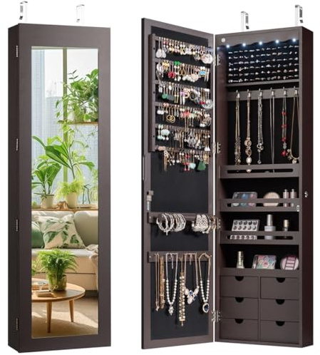 Giantex Wall Door Mounted Jewelry Cabinet with Full Length Mirror, Lockable Over Door Jewelry Armoire with LED Lights, 47.5 Large Jewelry Storage Organizer with 6 Drawers, Espresso