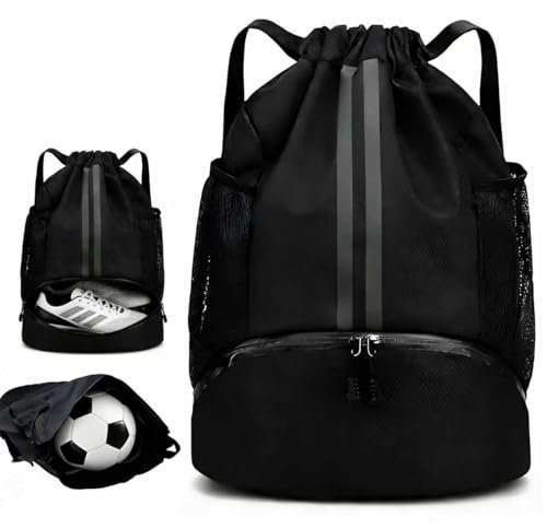 String Swimming Gym Backpack, Unisex Waterproof Drawstring Sports Ball Bag | Shoe Compartment Large Ball Bag Black, Soccer Basketball Volleyball Men Women