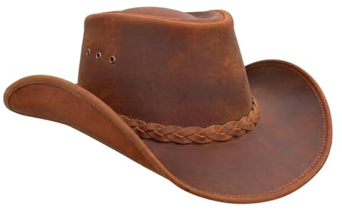 Pamposh Cappello Cowboy in Vera Pelle Uomo Donna Fatto a Mano Cappello Western Outback con Tesa Larga Flessibile Leggero Resistente Cappello Cowgirl Marrone (IT, Testo, M, Standard, Marrone)