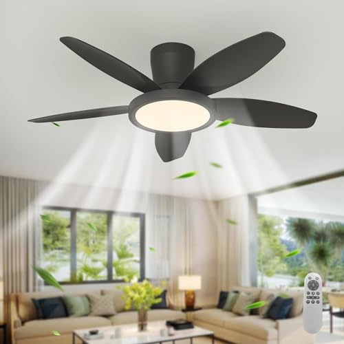Qcyuui Ceiling Fans with Lights 42 Inch Black Low Profile Flush Mount Remote Control 6 Speed Reversible Quiet Motor LED Ceiling Fan Light with Timer for Bedroom Living Room Kitchen