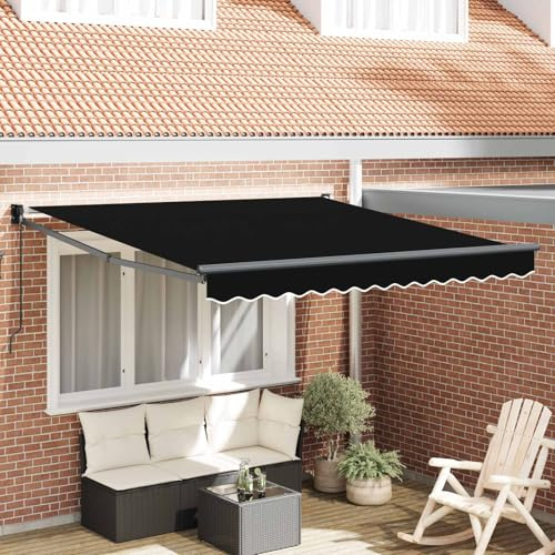 Ordellia Tenda da sole retrattile nera in poliestere e alluminio, 350 x 250 cm, con braccio articolato manuale, per terrazza, giardino e balcone, ombra resistente alle intemperie e protezione solare