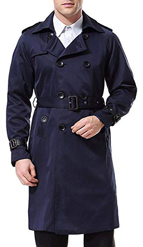 AOWOFS herr dubbelknäppt trenchcoat med bälte revers lång kappa affärsjacka vår övergångsjacka, marinblå, XS