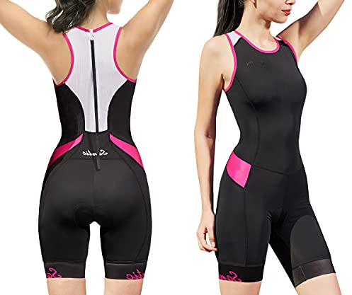 Triathlon kostym för kvinnor en del ärmlös tri kostym vadderad snabbtorkande bantning för löpning simning cykling, Svart/rosröd, M