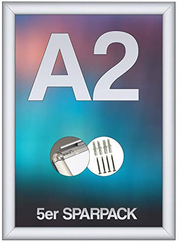 A2 Klapprahmen Aluminium DIN A2 Posterrahmen & Plakatrahmen mit Klappmechanismus, entspiegelter Schutzfolie, Wandmontage Innen & Überdacht Außen 5er Set