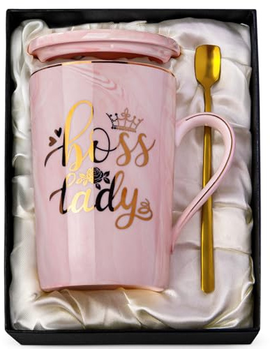 Doublewhale Boss Lady presenter, bästa chefsgåvor för kvinnor, födelsedagspresenter till Boss Lady - 4 dl keramisk kaffemugg i rosa marmor - vängåvor, systergåva, födelsedagspresenter med presentask