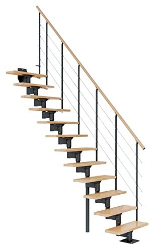 DOLLE Mittelholmtreppe - 11 Stufen - Geschosshöhe 228 – 300 cm - Geradelaufend - Stufen Buche, lackiert - Unterkonstruktion: Anthrazit (RAL 7016) - volle Stufen 70 cm - inkl. Geländer - Nebentreppe